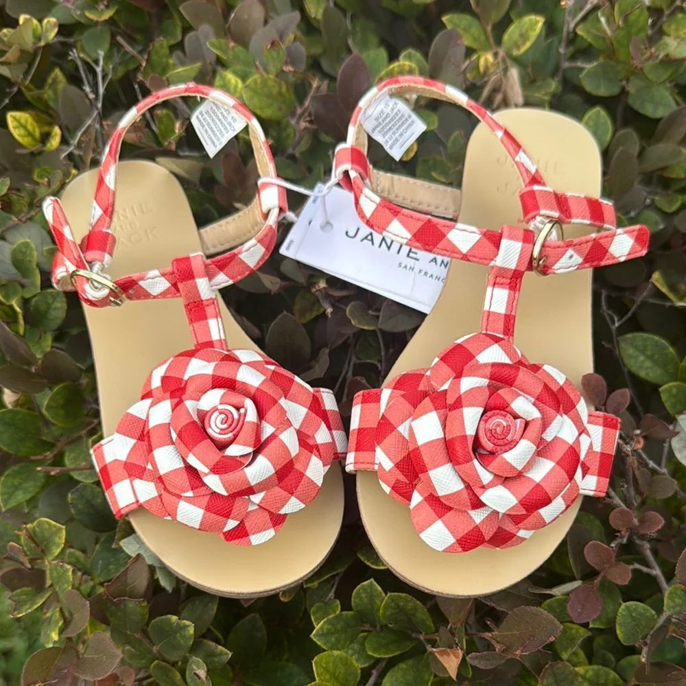 Janie and Jack Red and White Kids Gingham Sandals - Picture 1 of 8
